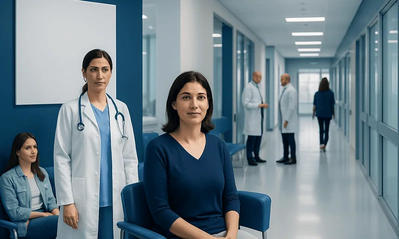 Women's Health in Turkey: What International Patients Should Know 6 Medical professionals and patient in a modern hospital corridor.