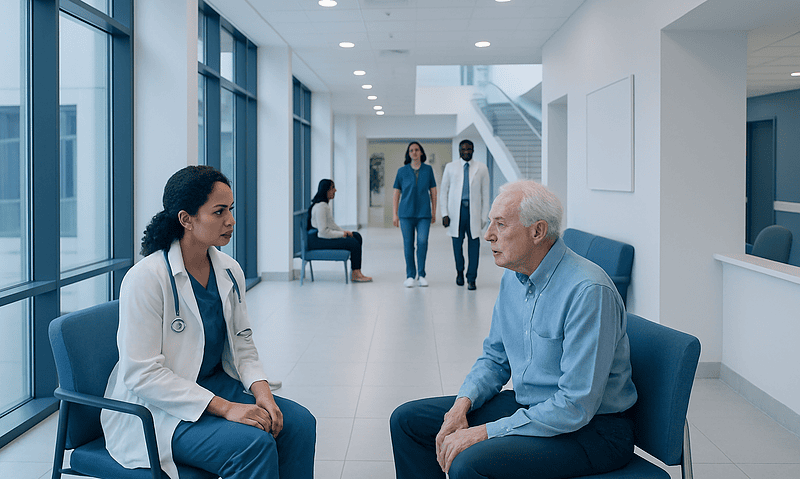 Doctor consulting with elderly patient in hospital corridor.