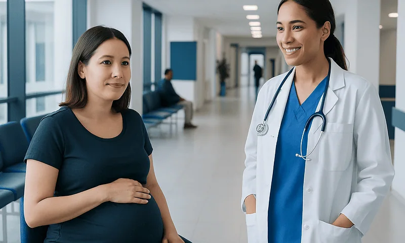 Doctor consulting pregnant woman in hospital corridor.