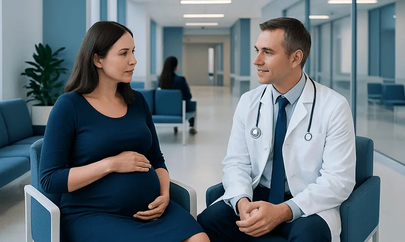 Pregnant woman consulting with a doctor in a hospital corridor.