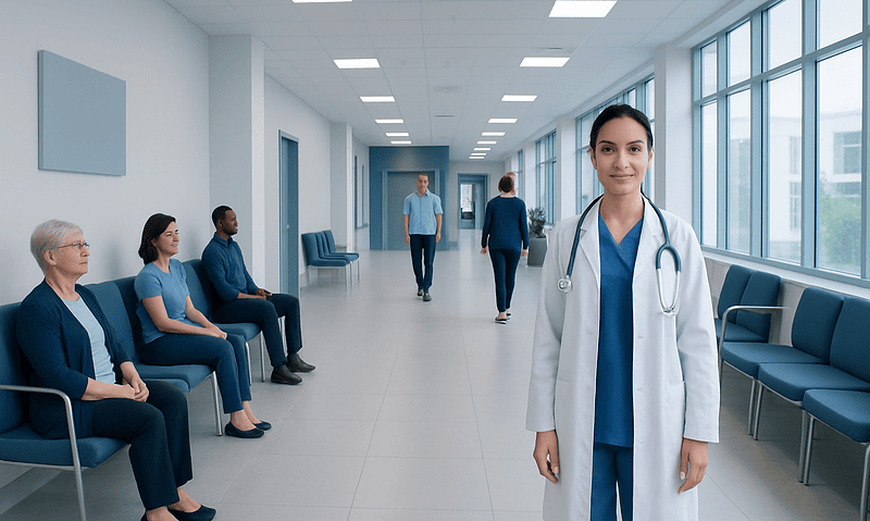 Healthcare professional in hospital corridor with waiting patients.