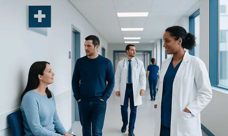 Medical professionals and patient in hospital corridor at Acibadem Hospitals Group.