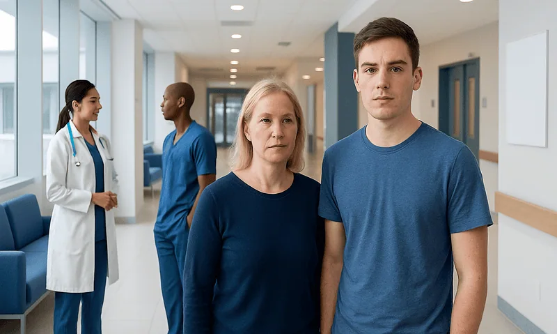 Patient and healthcare professionals in hospital corridor.