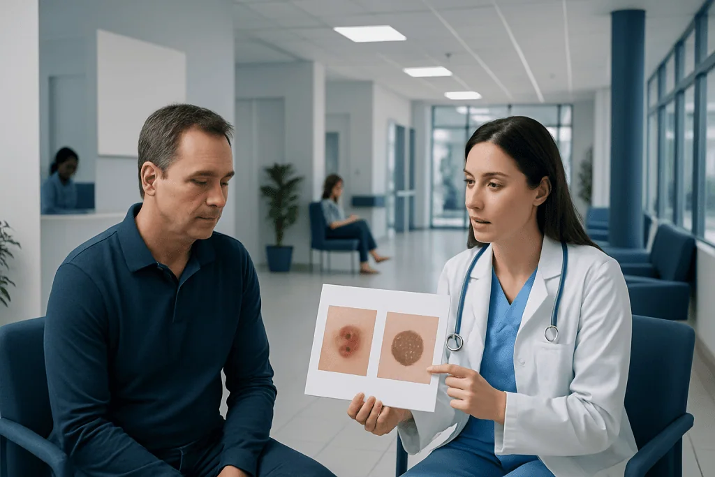 Skin Cancer vs Benign Moles: How Doctors Tell the Difference 1 Doctor explains skin lesion differences to patient in hospital corridor.