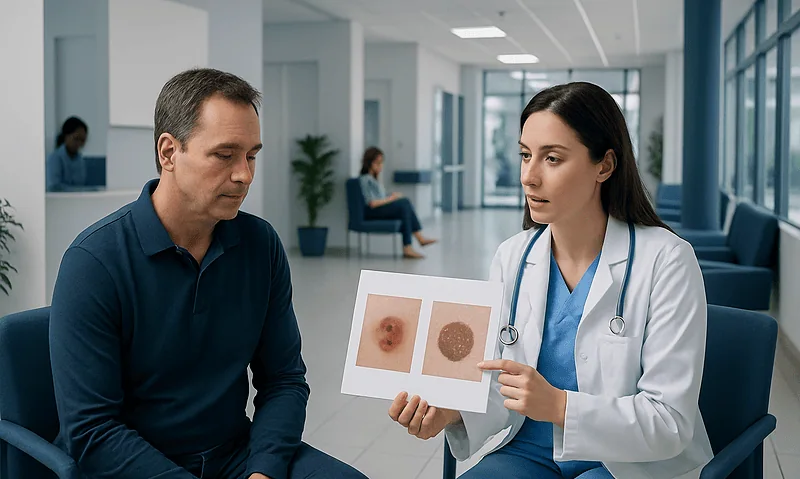 Doctor explains skin lesion differences to patient in hospital corridor.