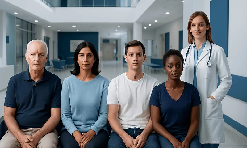What Does Skin Cancer Look Like on Different Skin Tones? 8 Diverse group of patients and a doctor in a hospital corridor.