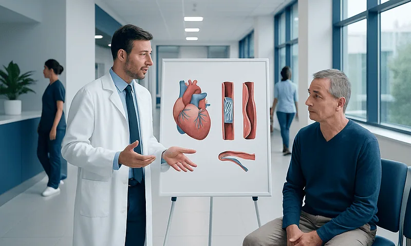 When Is a Coronary Stent Recommended Instead of Bypass Surgery? 7 Cardiologist explaining heart anatomy to patient in hospital corridor.