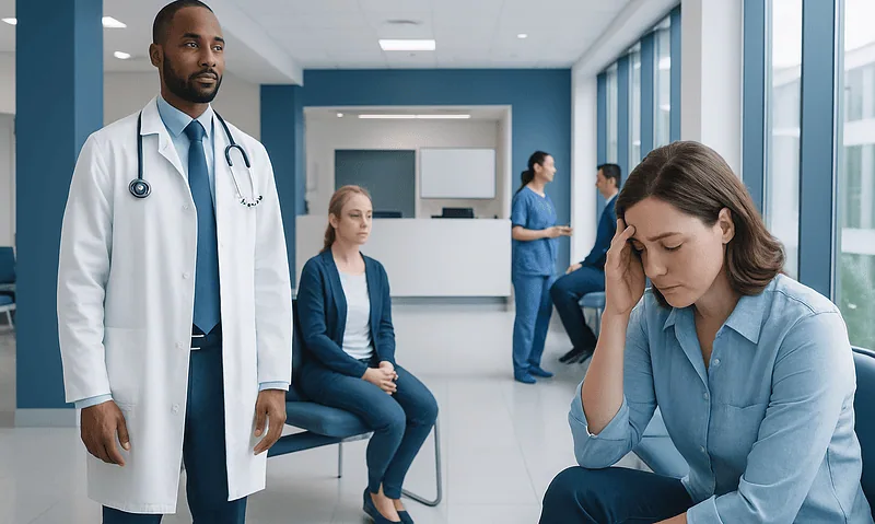 Patient experiencing stress in a hospital waiting area with medical staff nearby.