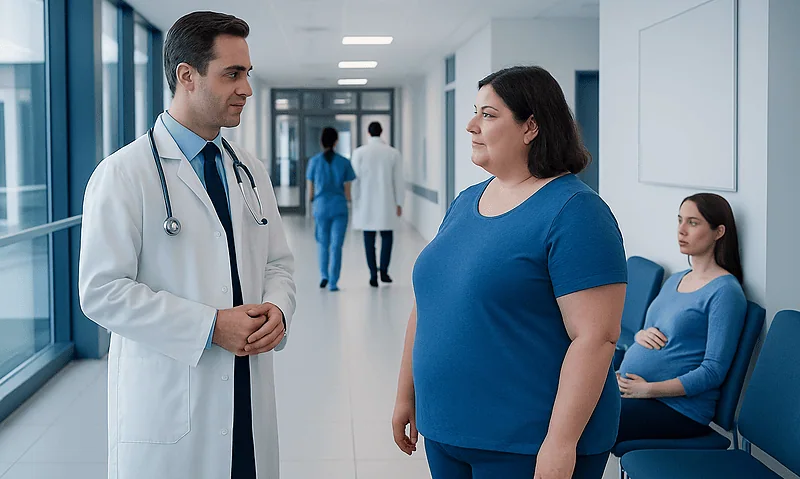 Doctor consulting pregnant woman in hospital corridor.