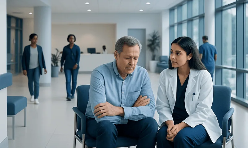 Doctor consulting with a patient in a modern hospital waiting area.