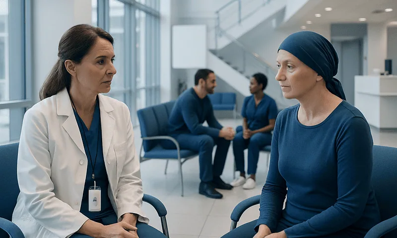 Oncology patient consulting with doctor in hospital lobby.
