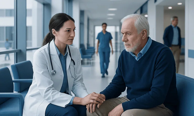 Geriatric neurologist consulting with elderly patient in hospital corridor.