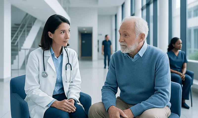 Geriatric neurologist consulting with elderly patient in hospital.