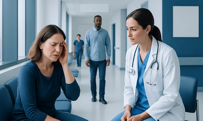 Patient experiencing headache consultation with doctor in hospital corridor.