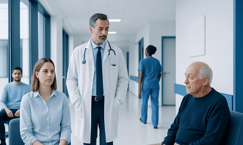 Health Library 6 Doctor consulting with elderly patient in hospital corridor.