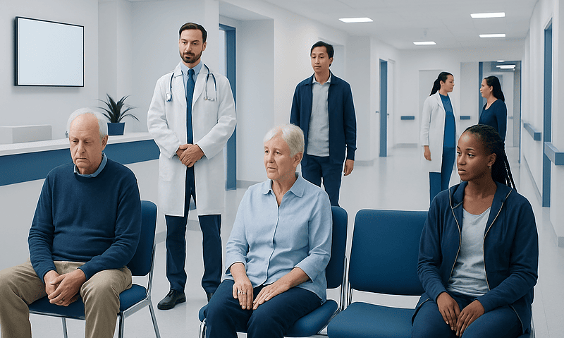 Patients waiting in a hospital corridor for neurological assessment.