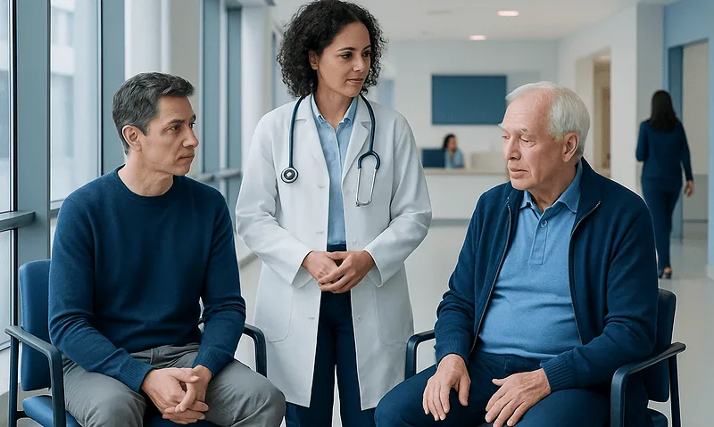 Doctor consulting with two male patients in hospital corridor.