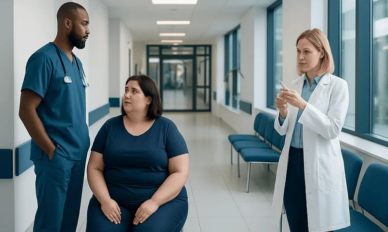Doctor consulting with a patient about weight loss options in hospital corridor.