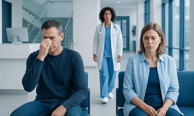 Patients experiencing nasal discomfort in a hospital waiting area.