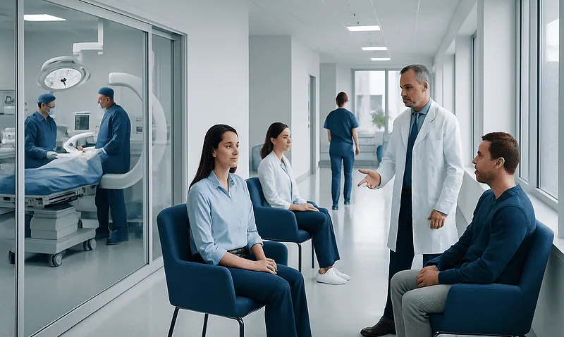 Doctors and patients in a modern hospital corridor with a surgical team in the background.