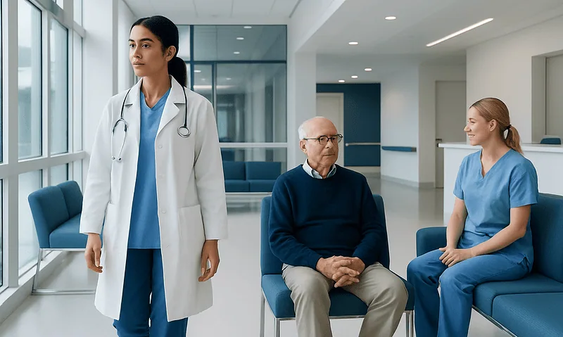 Medical professionals and patient in hospital corridor.