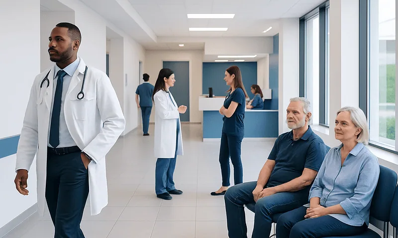 Medical staff and patients in a modern hospital waiting area.