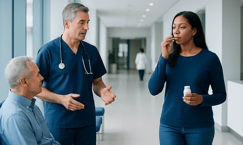 Doctor consulting with patient and nurse in hospital corridor.
