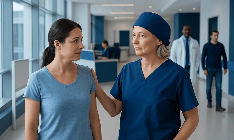 Breast Cancer Surgery: Lumpectomy vs Mastectomy Explained 7 Healthcare professional comforting a patient in a hospital corridor.