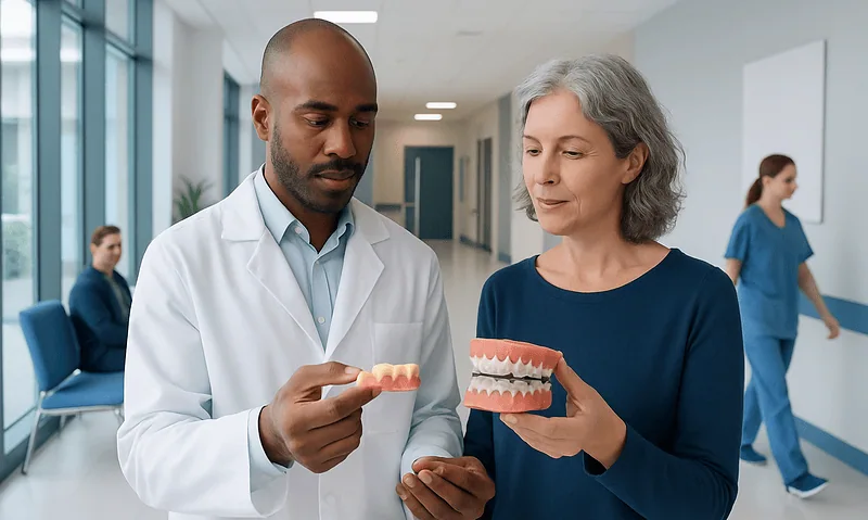 Dentist explaining dental bridge and denture options to a patient in clinic.