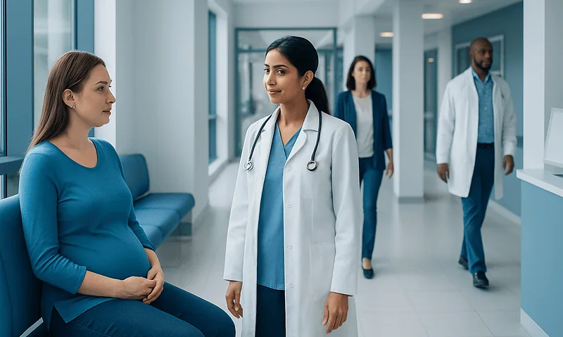 Pregnant woman consulting with a doctor in a hospital corridor.