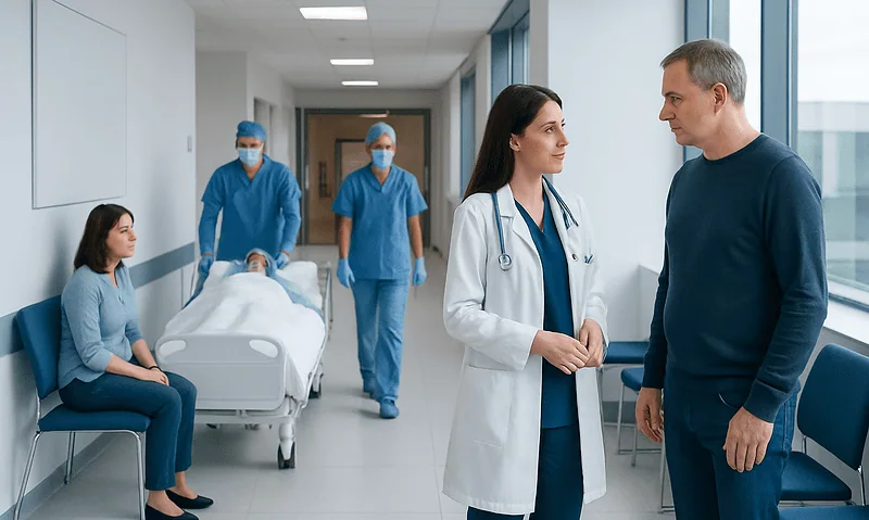 Doctor discussing with patient in hospital corridor with medical staff and bed in background.
