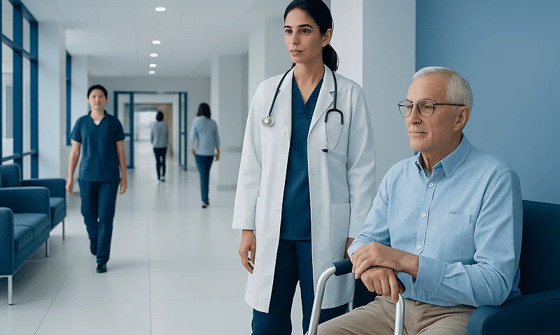 Doctor with elderly patient in hospital corridor for joint replacement care.