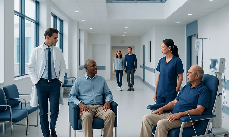 Kidney Transplant vs Dialysis: Which Option Fits You? 8 Patients and medical staff in a hospital corridor with dialysis patients.