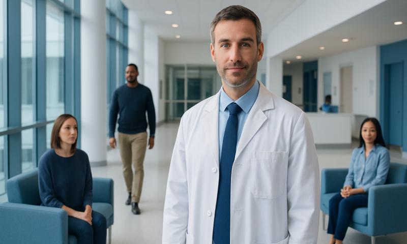 Medical professional in a hospital waiting area with patients.