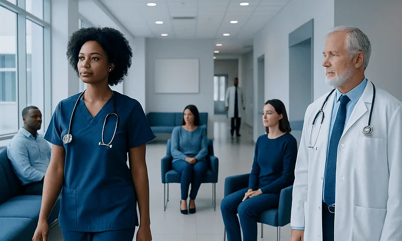 Healthcare professionals and patients in a hospital waiting area.
