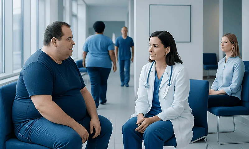 Doctor consulting with an obese patient in a hospital corridor.