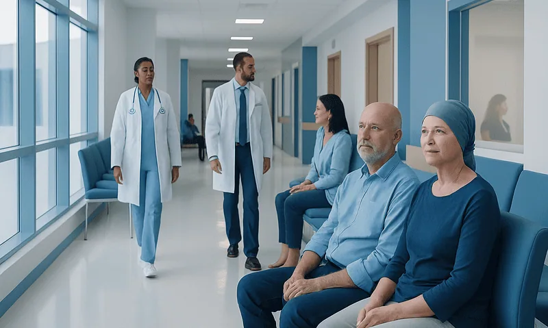 Cancer Recovery Timeline: What to Expect During and After Treatment 15 Patients and doctors in a hospital corridor during cancer treatment recovery.
