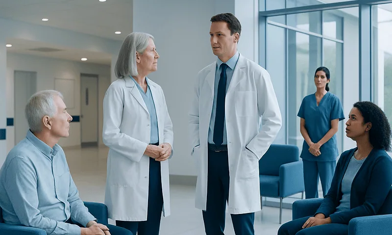 Medical team consulting with elderly patient in hospital lobby.
