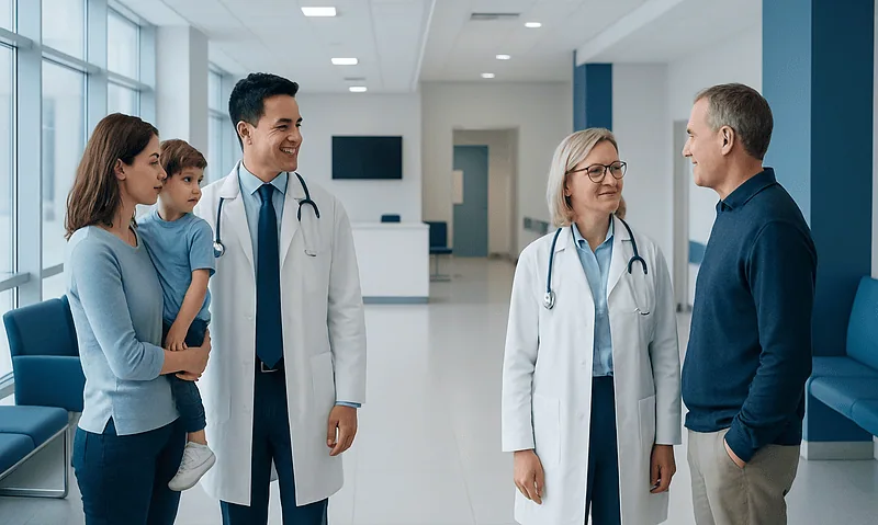 Family and doctors in a hospital corridor discussing healthcare options.
