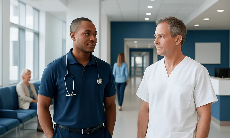 Orthopedic doctor and surgeon discussing patient care in hospital corridor.