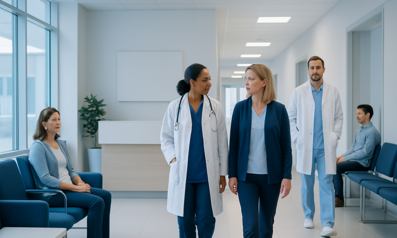 Medical team walking in hospital corridor with patients nearby.