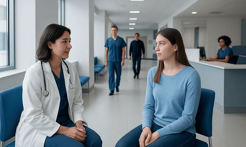 Doctor consulting with a patient in a modern hospital corridor.