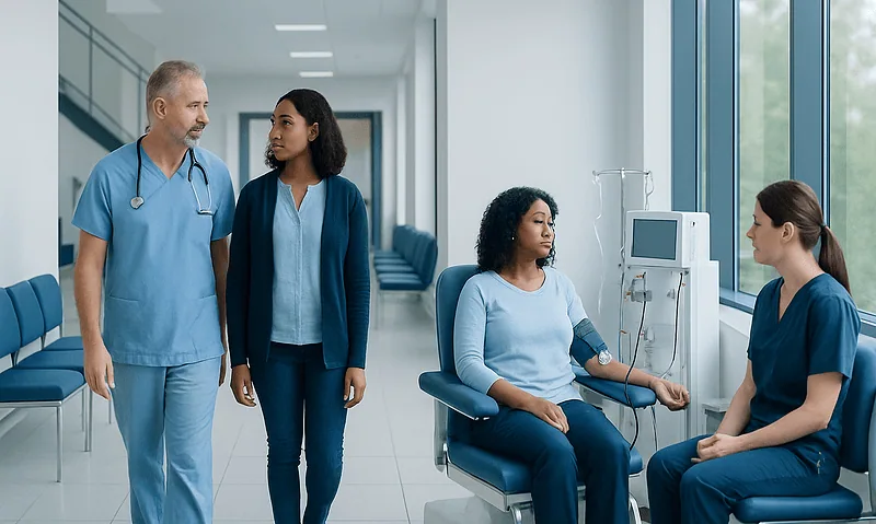 Medical team consulting with a patient in a hospital corridor.