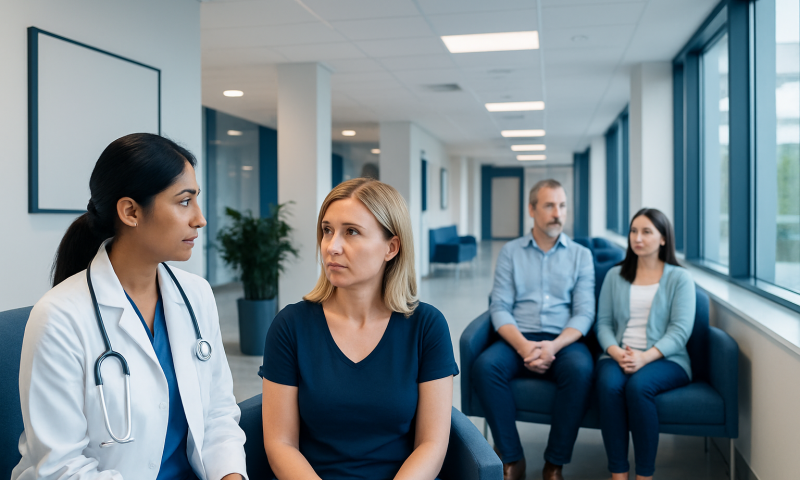 Tubal Ligation Reversal vs IVF: Which Option May Be Better? 12 Doctor consulting with patient in hospital corridor with visitors nearby.