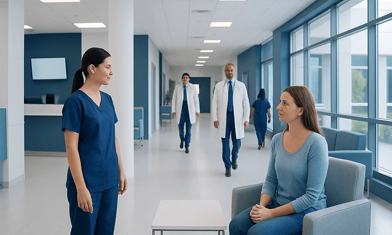 Medical consultation in a modern hospital corridor with healthcare professionals and a patient.