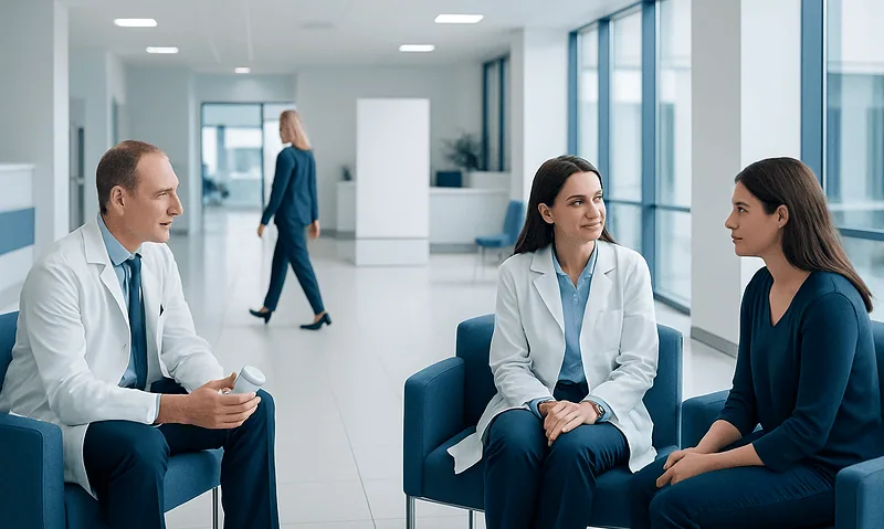 Psychiatric consultation in a modern hospital setting with doctors and patient.