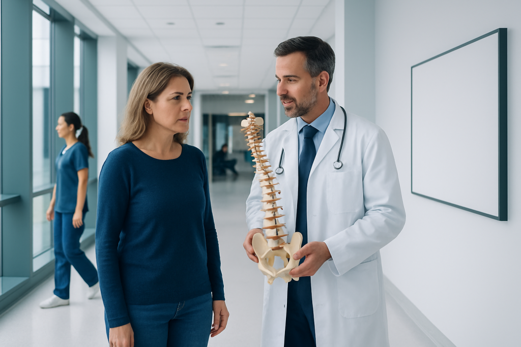 Scoliosis Surgery in Adolescents and Adults: When Is It Considered? 1 Doctor explaining spinal anatomy to a patient in a hospital corridor.