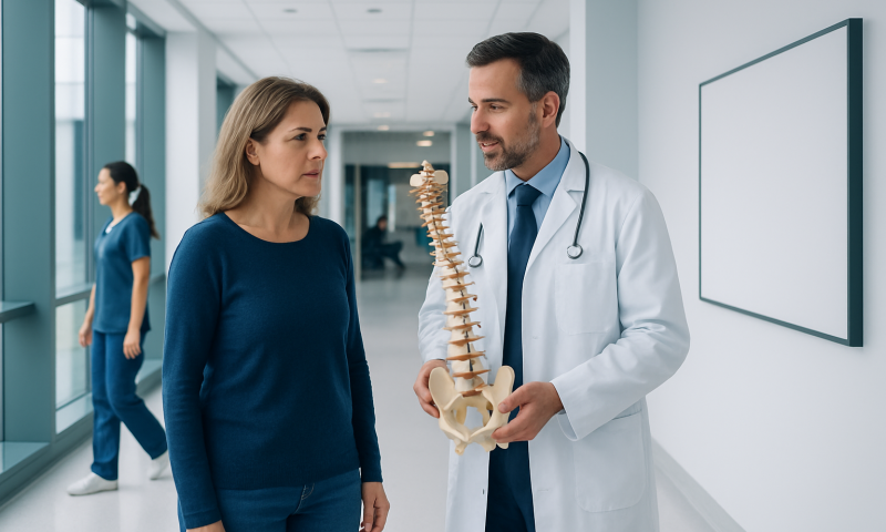 Doctor explaining spinal anatomy to a patient in a hospital corridor.
