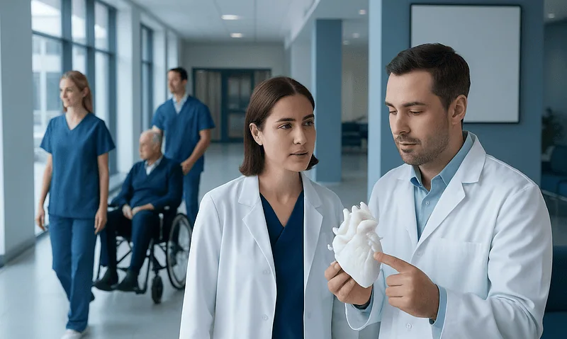 3D Printing in Medicine: How Custom Models and Implants Are Made 6 Medical professionals discussing a 3D-printed heart model in hospital corridor.