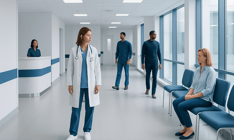 Healthcare professionals and patient in a modern hospital corridor.
